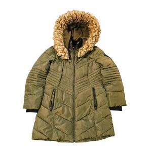 Rare Diesel Puffer Jacket Womens Size 12 Olive Green Full Zup Faux Fur Hooded